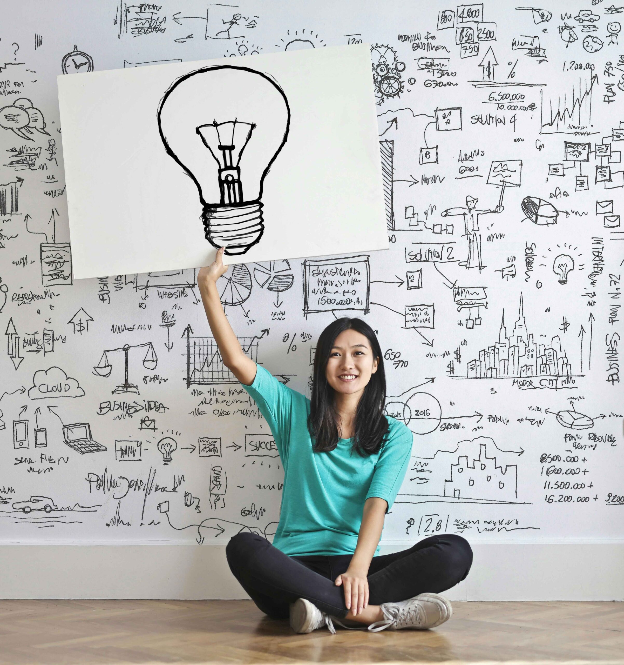 lady in front of a wall with lots of words and a light bulb on a poster in her hand