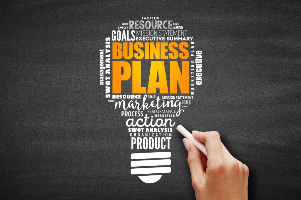 words in a chalk drawn light bulb with business plan subjects how to create a business plan